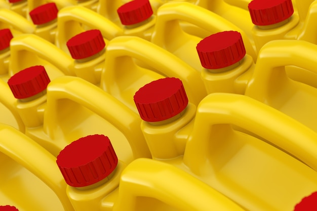 Linha de vasilhas de plástico amarelo líquido químico com tampa vermelha mockup closeup extrema. renderização 3d