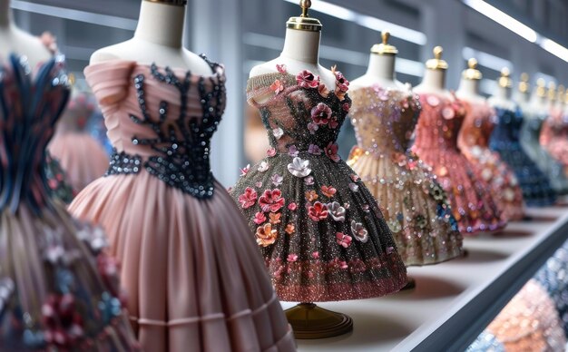 Linha de vestidos coloridos em uma loja de luxo moderna de alta costura