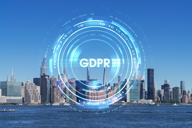 Linha do horizonte da cidade de Nova York Sede das Nações Unidas sobre o East River Manhattan Midtown durante o dia NYC USA GDPR holograma conceito de regulamentação de proteção de dados e privacidade para todos os indivíduos