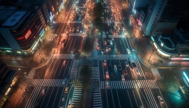 Linha do horizonte da cidade iluminada movimento desfocado tráfego hora do rush transporte moderno gerado por IA