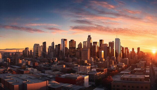 Foto linha do horizonte da cidade moderna iluminada pelo pôr do sol, um destino de viagem panorâmico gerado por ia