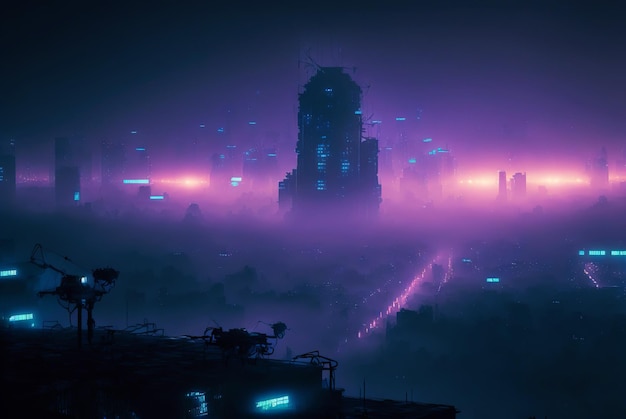 Linha do horizonte da cidade neon cyberpunk à noite Névoa e luzes brilhantes IA generativa