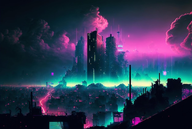 Linha do horizonte da cidade neon cyberpunk à noite Névoa e luzes brilhantes IA generativa