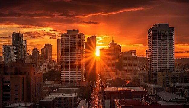 Foto linha do horizonte da cidade vibrante iluminada pelo pôr do sol, um moderno centro de negócios gerado por ia