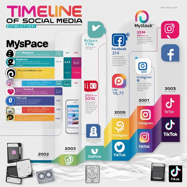 Foto linha do tempo da evolução das mídias sociais com logotipos e datas-chave