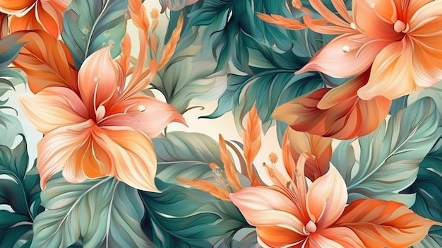 Linha floral e folha tropical com flor em aquarela Generative AI