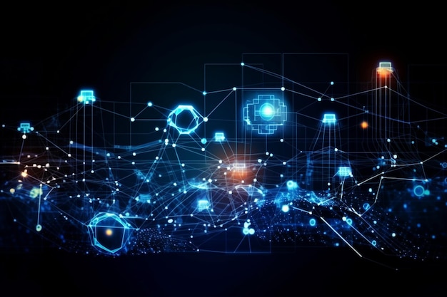 Linhas abstratas brilhantes e neon futuristas eletrônicas Fundo de tecnologia moderna para rede big data center servidor internet Generative AI