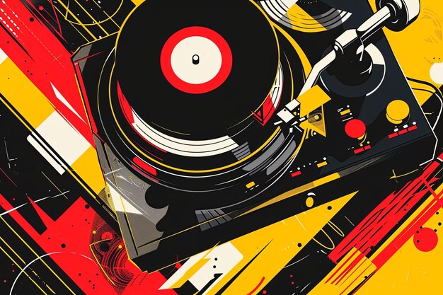 Foto linhas acentuadas e cores contrastantes formando a imagem de um toca-discos e discos de vinil transmitindo a vibração urbana e rítmica do hip-hop
