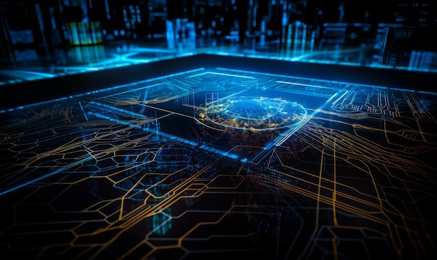 Linhas azuis e amarelas neon na imagem digital Panorama futurista da cidade Generative AI
