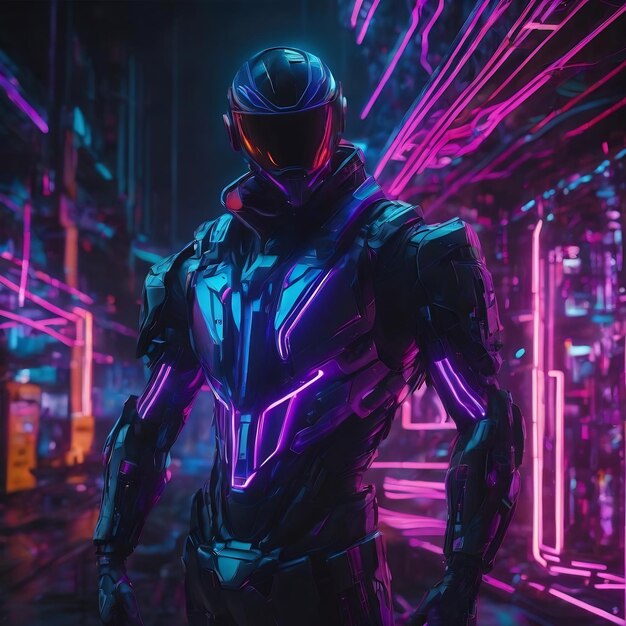 Linhas azuis e roxas brilhantes de néon em um fundo escuro de fundo cyberpunk