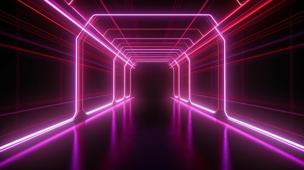Linhas brilhantes de néon sci-fi em um túnel escuro Reflexões no chão e teto Fundo vazio no centro Fundo tecnológico futurista