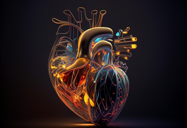 Linhas brilhantes na forma 3D do coração humano em fundo escuro generativo ai