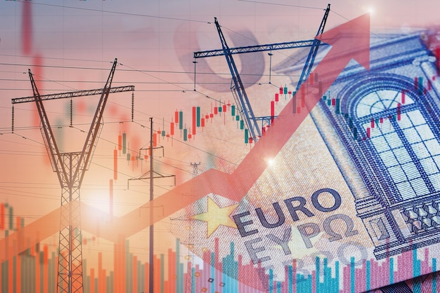 Linhas de energia ao lado de notas de euro com gráfico de ações e seta ascendente crise energética na europa aumento dos preços dos consumos de eletricidade para residências e indústrias comércio de eletricidade