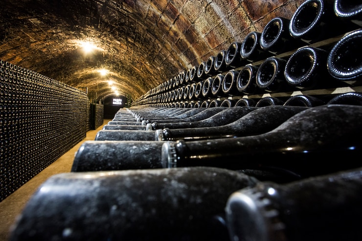 Foto linhas de garrafas de vinho na adega