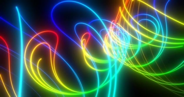 Foto linhas de laser de energia neon arco-íris multicoloridas abstratas voando sobre um fundo preto