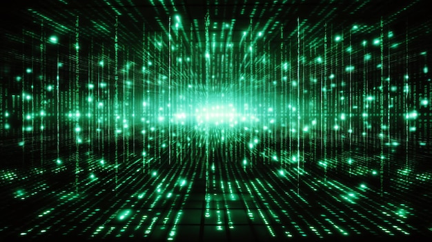 Linhas de luzes iluminadas vibrantes em um fundo verde e preto marcante aprimorado por IA generativa