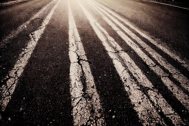 Foto linhas de marcação abstratas com rachaduras no asfalto escuro