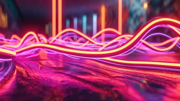 Foto linhas de néon em negrito se torcem e se dobram formando uma representação abstrata de ondas sonoras que parecem