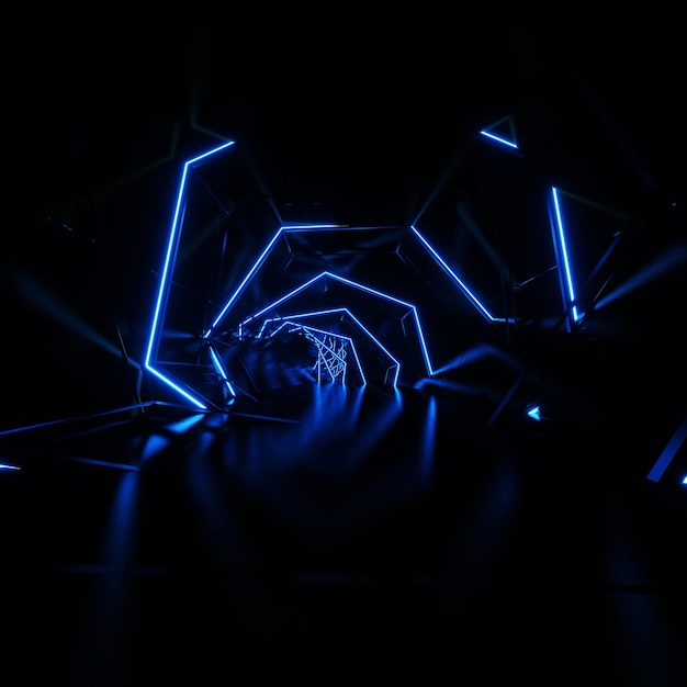 Foto linhas de néon ultravioleta do portal poligonal brilham túnel corredor realidade virtual luz azul