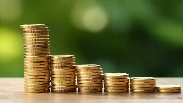 Linhas de pilhas de moedas de ouro na mesa de madeira sobre fundo verde, educação empresarial crescente e aposentadoria
