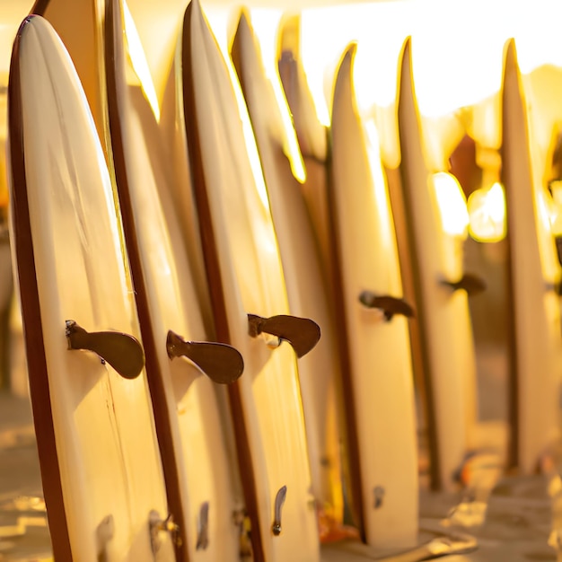 Foto linhas de pranchas de surf na praia de waikiki ao pôr do sol