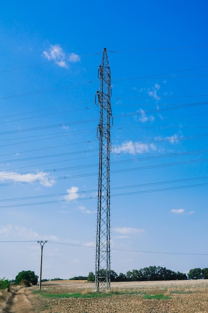 Linhas de transmissão de energia elétrica no fundo do céu, campo de outono