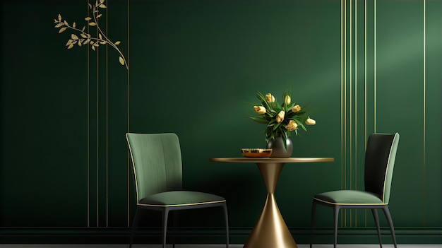 Linhas douradas da foto no papel de parede verde uma mesa uma cadeira e um vaso com estilo minimalista