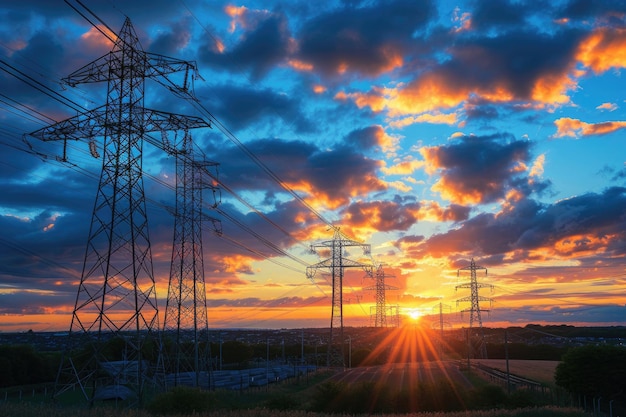 Linhas elétricas e postes ao pôr do sol em Billingham Teeside UK