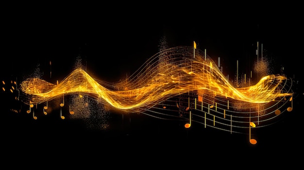 Linhas onduladas douradas com efeito de luz e notas musicais em fundo preto ai gerado