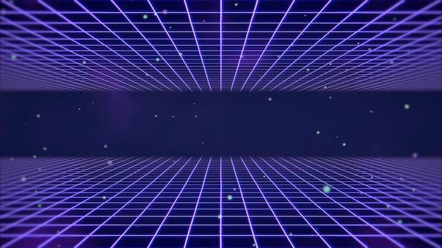 Linhas retro e grade no espaço, fundo abstrato. Ilustração 3D elegante e luxuosa dos anos 80, 90