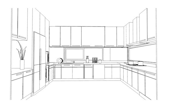 Linienzeichnung des KüchenraumsModernes Design3D-Rendering