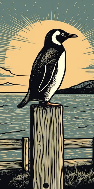 Linograbado de pingüinos de pie en el poste con fondo de mar