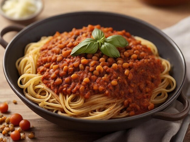 Linsen Bolognese mit Spaghetti