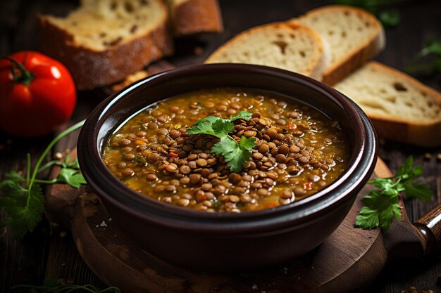 Foto linsensuppe, die in rustikalen holzschüsseln mit einem zweig frischen rosmarins serviert wird