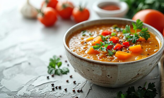 Linsensuppe in einer Schüssel mit frischen Zutaten