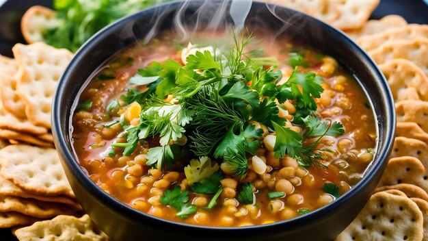 Linsensuppe mit gehackten Kräutern und Crackern