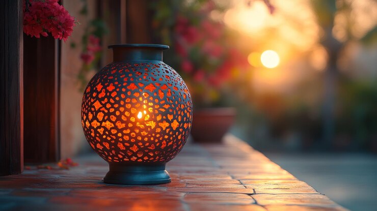 La linterna adornada brilla cálidamente al atardecer