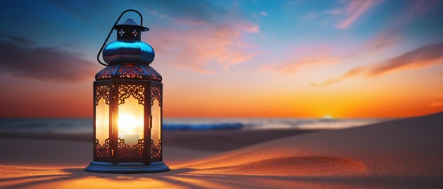 Linterna árabe en la arena frente a una hermosa puesta de sol