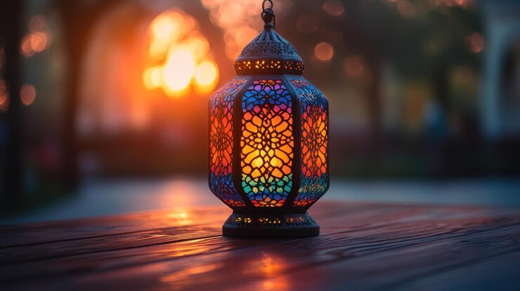 Linterna árabe de colores en una mesa de madera al atardecer