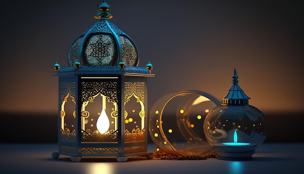 Linterna árabe decorativa con una vela encendida en diferentes coloresBanner de estilo islámico para exhibición de productos Hermosa invitación musulmana Eid mubarak Fondo de religión IA generativa