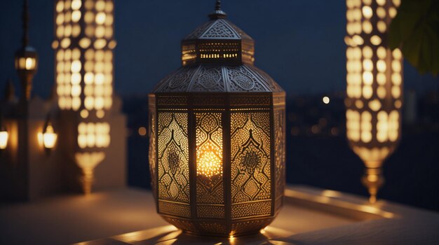 Linterna árabe de lujo ramadan kareem con bokeh ai generativo