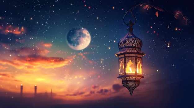 Linterna árabe y luna Ramadan Kareem