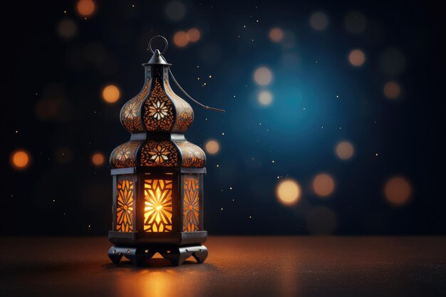 linterna árabe en una mesa de madera tarjeta de felicitación de Ramadán Kareem linterna árabe de la celebración del Ramadán ilustración de fondo AI Generado