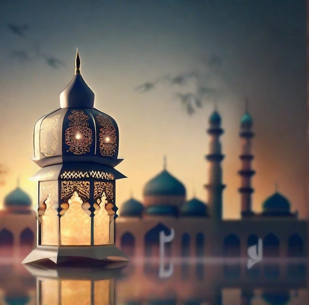 Linterna árabe ornamental con el fondo de la mezquita Eid Mubarak