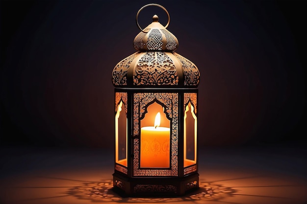 Linterna árabe ornamental hermosa linterna quemando una vela el mes sagrado de Ramadán Kareem