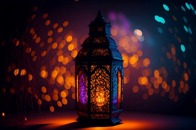 Linterna árabe ornamental con luz brillante ardiente