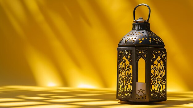 Linterna árabe ornamental sobre fondo amarillo del mes sagrado musulmán de Ramadán Kareem