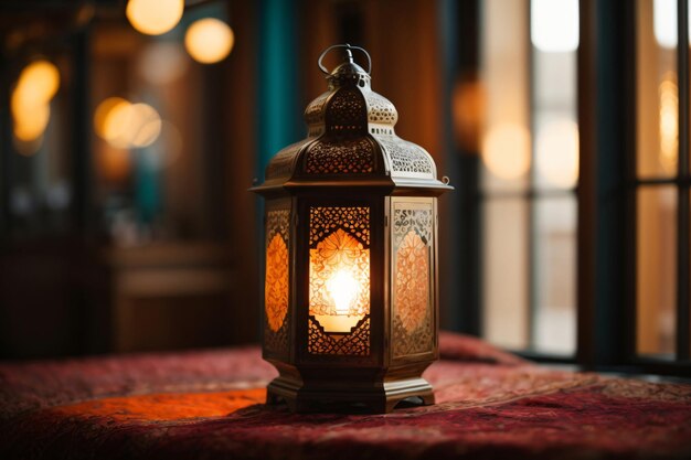 Linterna árabe ornamental con vela encendida que brilla por la noche y luces de bokeh doradas brillantes