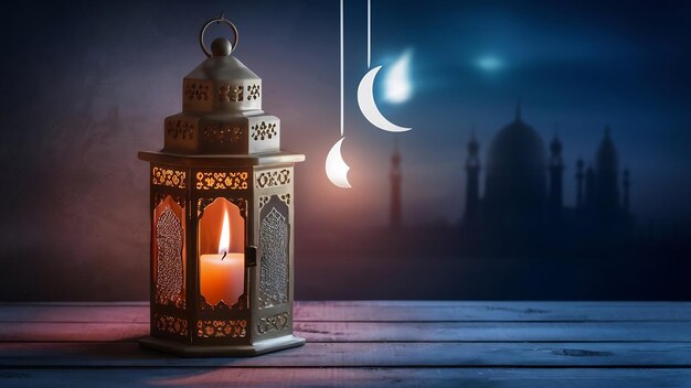 Linterna árabe ornamental con vela encendida que brilla por la noche en el mes sagrado musulmán de Ramadán Kareem