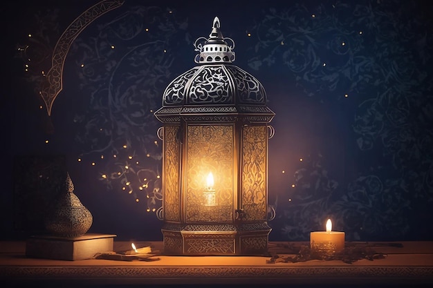 Linterna árabe ornamental con vela encendida que brilla por la noche Tarjeta de felicitación festiva invitación para el mes sagrado musulmán Ramadán Kareem